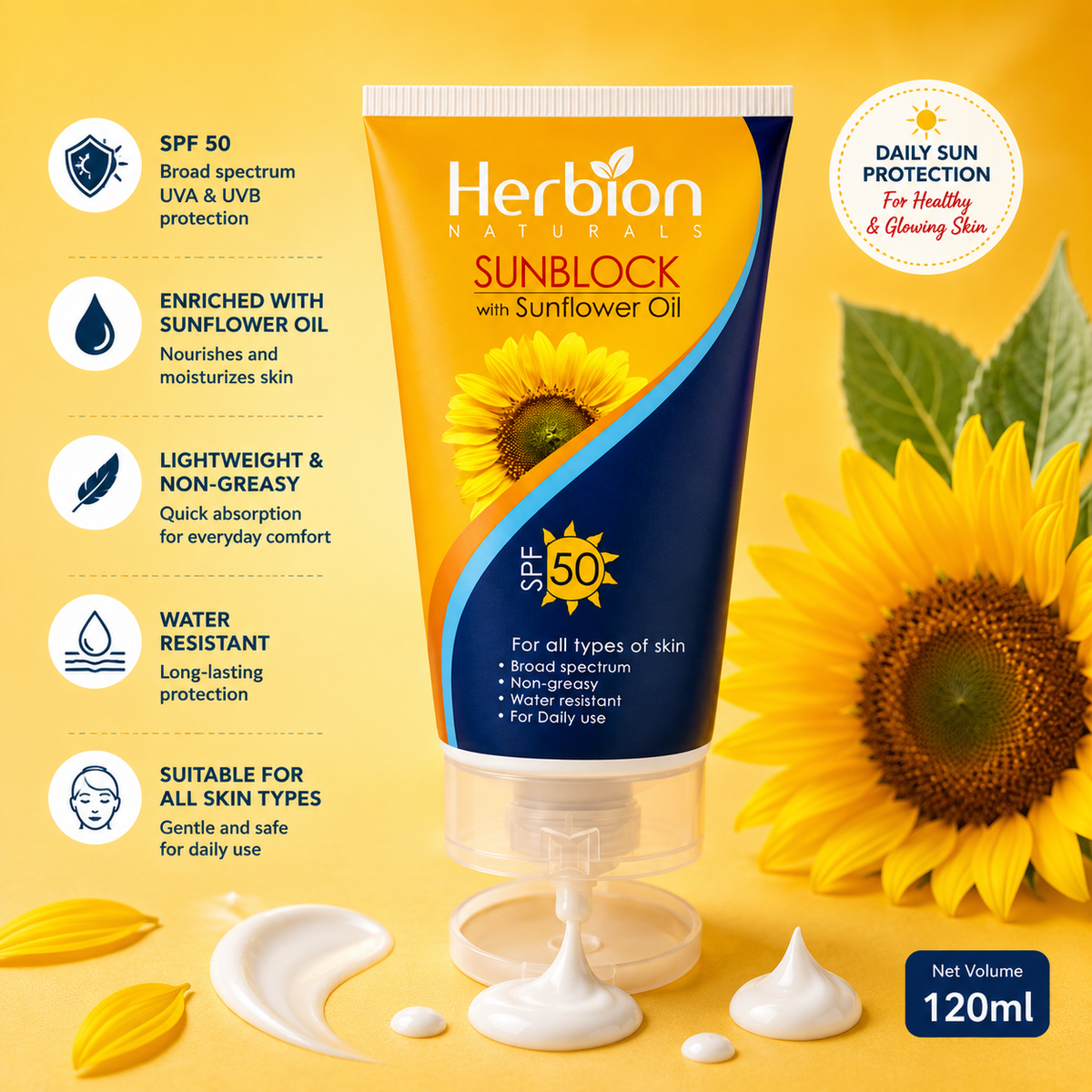 Herbion Natural Sun Block - SPF 50 - Free From White Cast 100ml