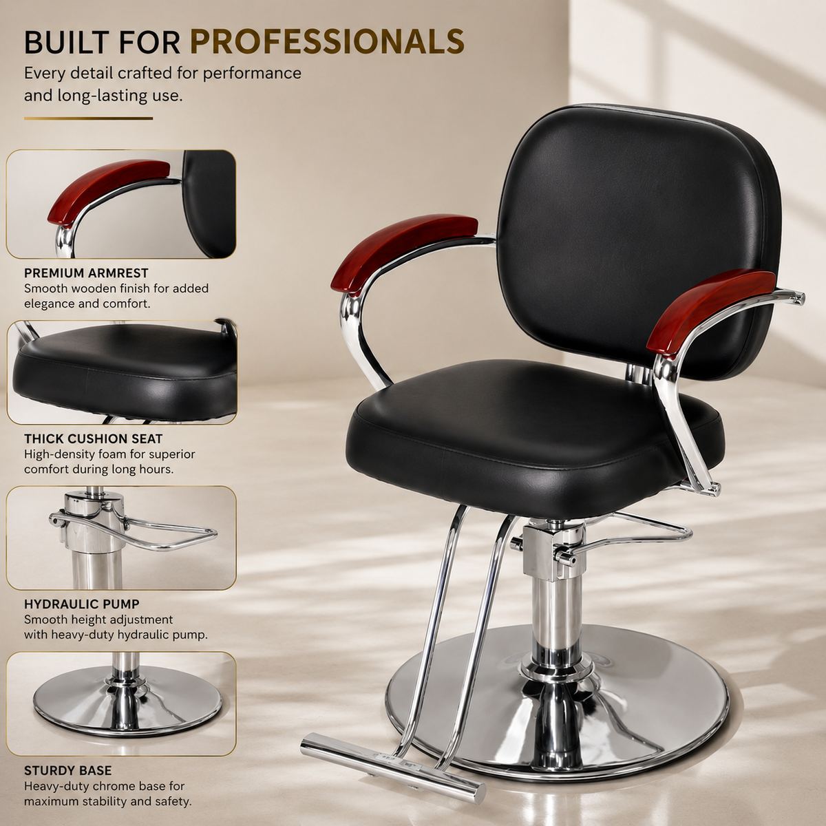 Premium Hydraulic Salon Styling Chair with Footrest â€“ Black | VYBEÂ®