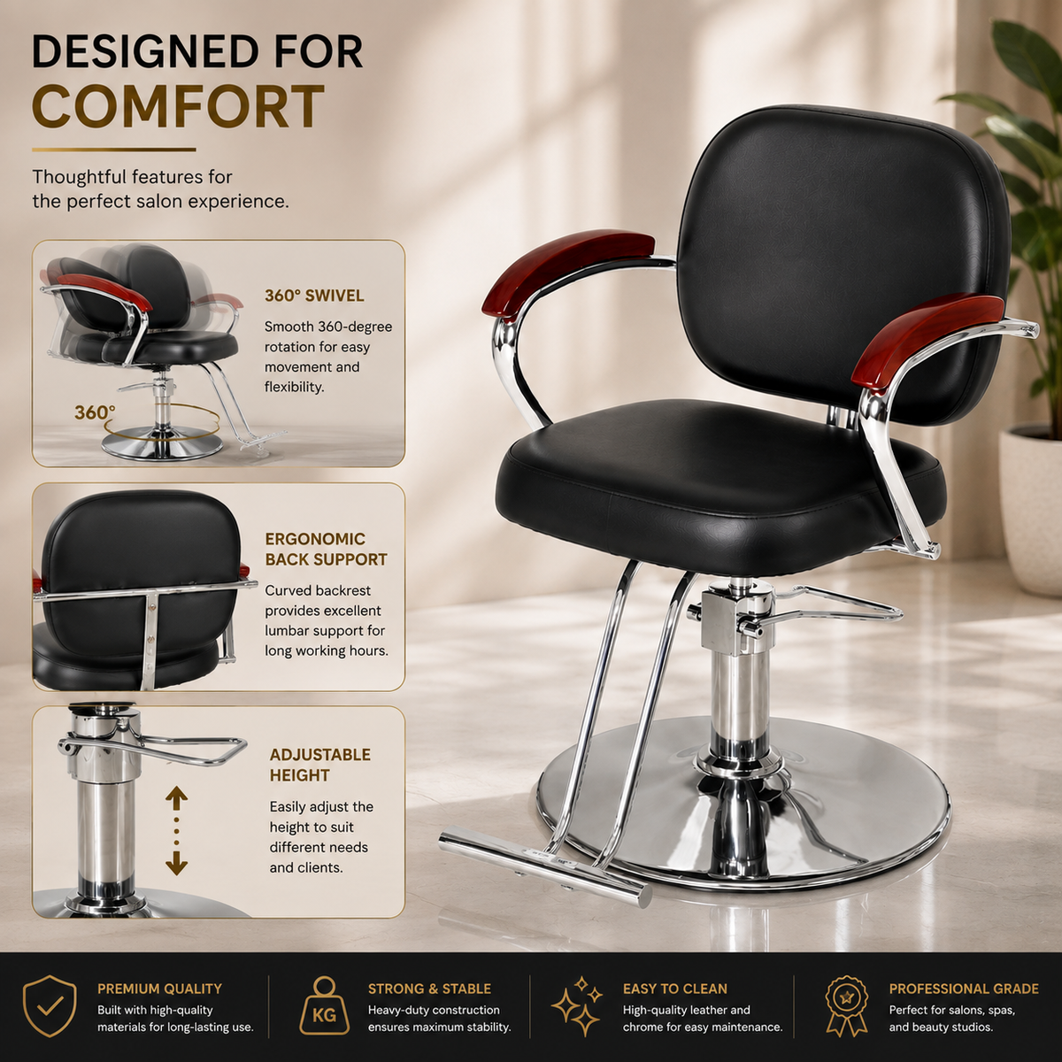 Premium Hydraulic Salon Styling Chair with Footrest â€“ Black | VYBEÂ®