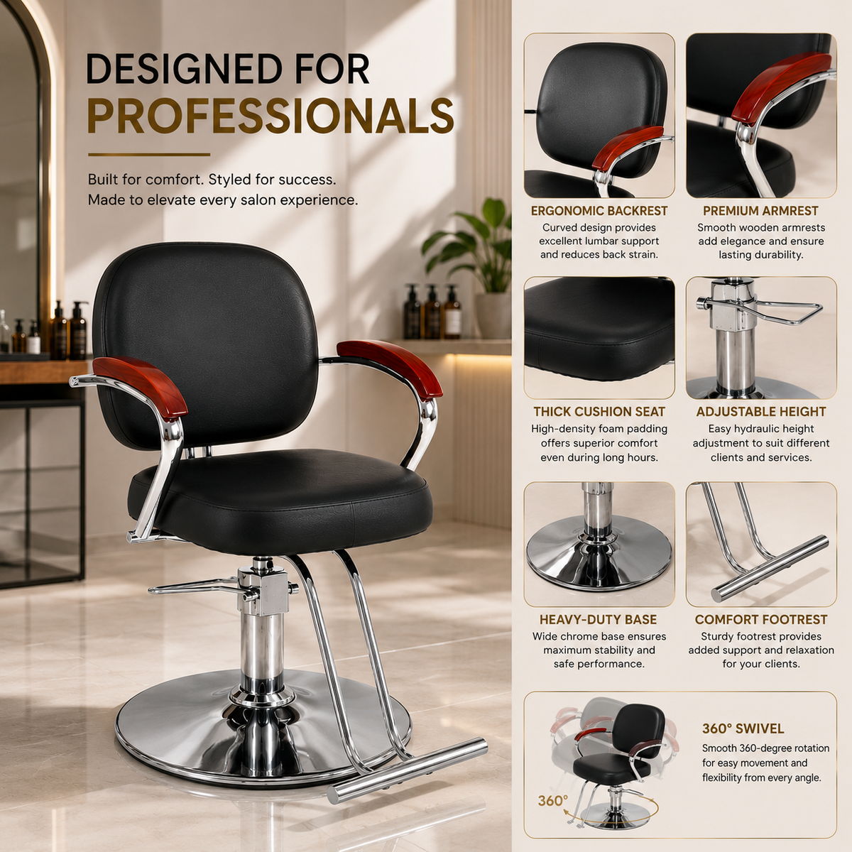 Premium Hydraulic Salon Styling Chair with Footrest â€“ Black | VYBEÂ®