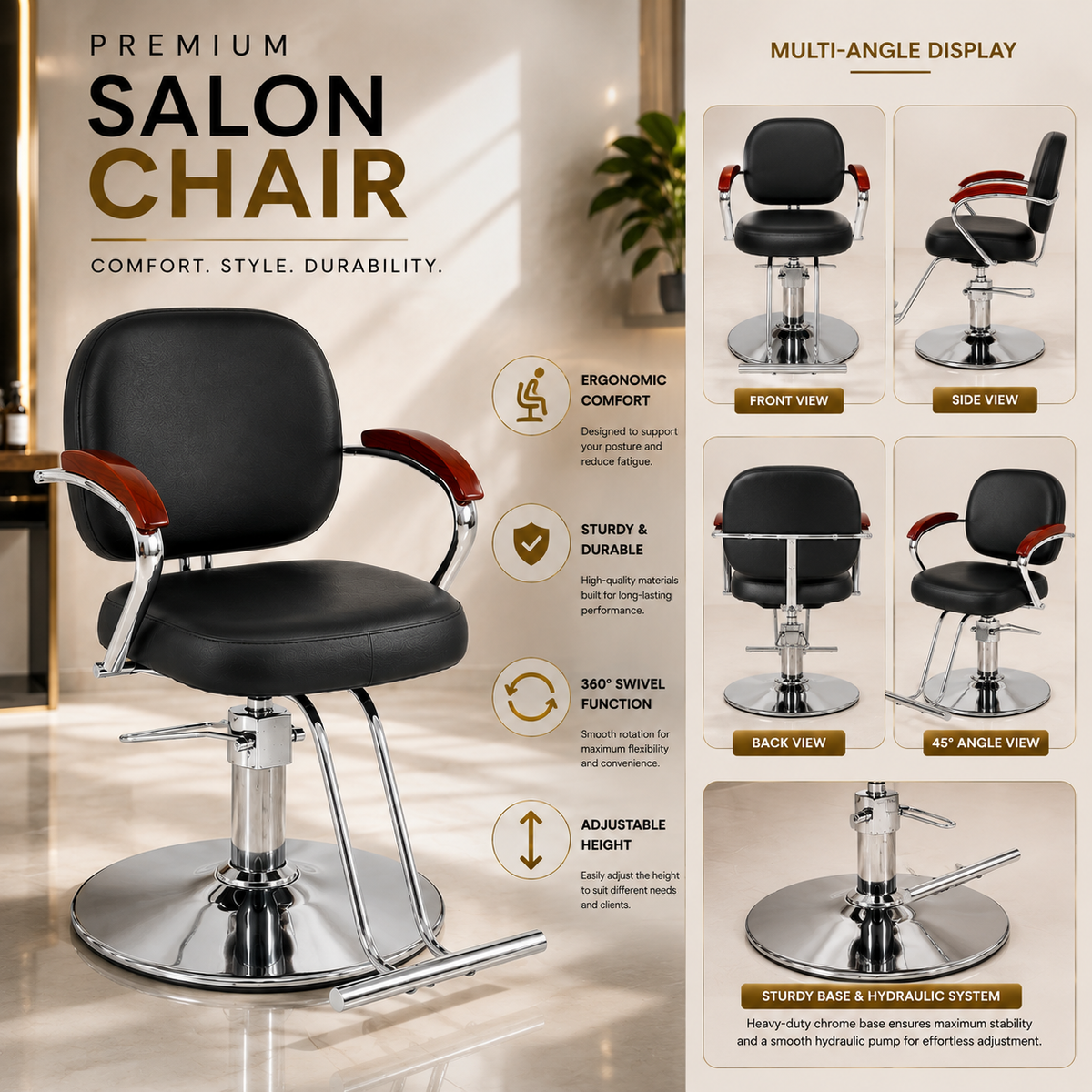 Premium Hydraulic Salon Styling Chair with Footrest â€“ Black | VYBEÂ®