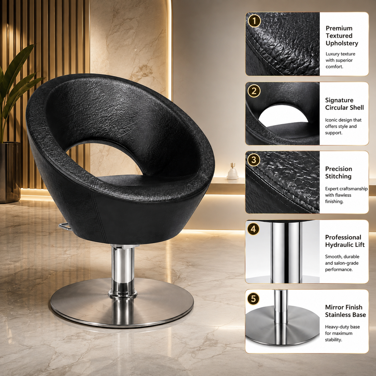 Professional Hydraulic Salon Styling Chair â€“ Premium Round Shell Barber & Beauty Chair | VYBEÂ®
