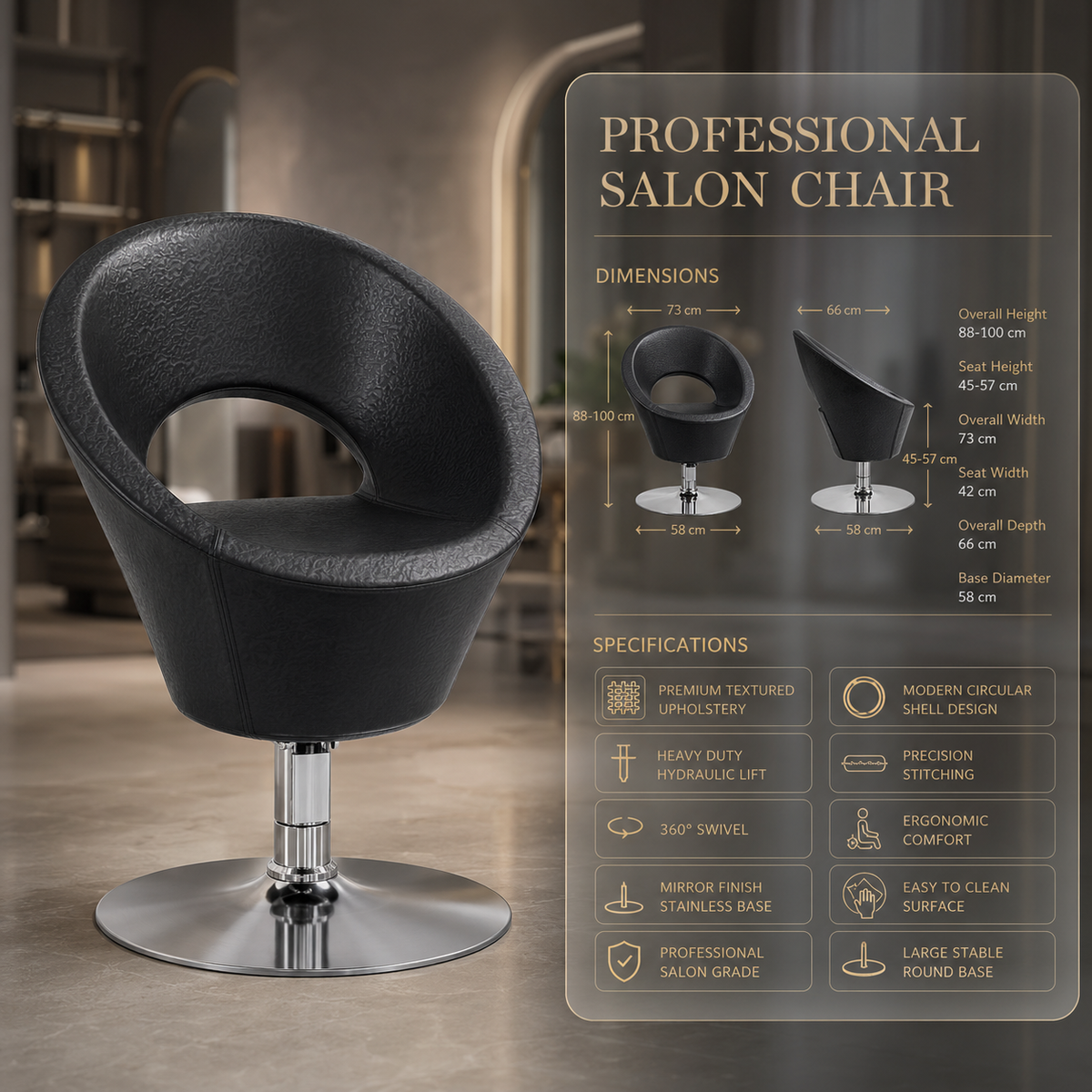 Professional Hydraulic Salon Styling Chair â€“ Premium Round Shell Barber & Beauty Chair | VYBEÂ®