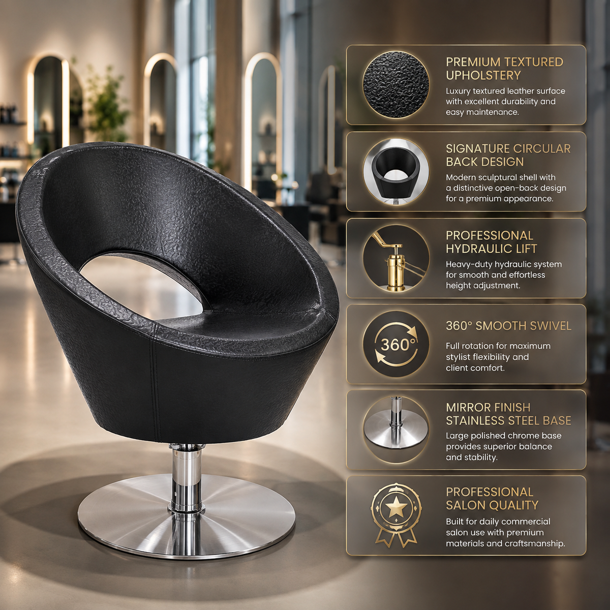 Professional Hydraulic Salon Styling Chair â€“ Premium Round Shell Barber & Beauty Chair | VYBEÂ®