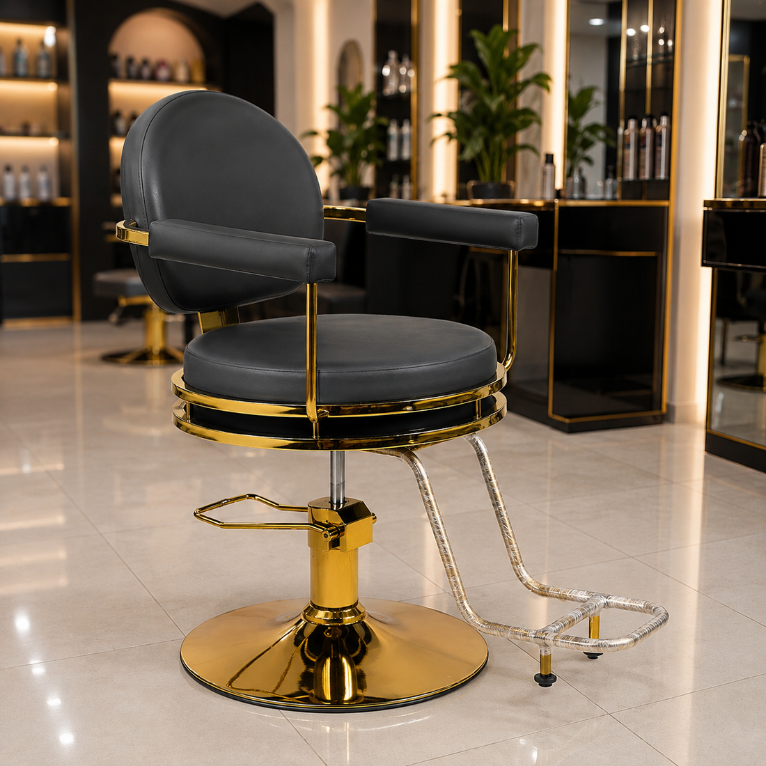 Premium Hydraulic Salon Styling Chair with Gold Frame & Footrest for Beauty Salon | VYBEÂ®