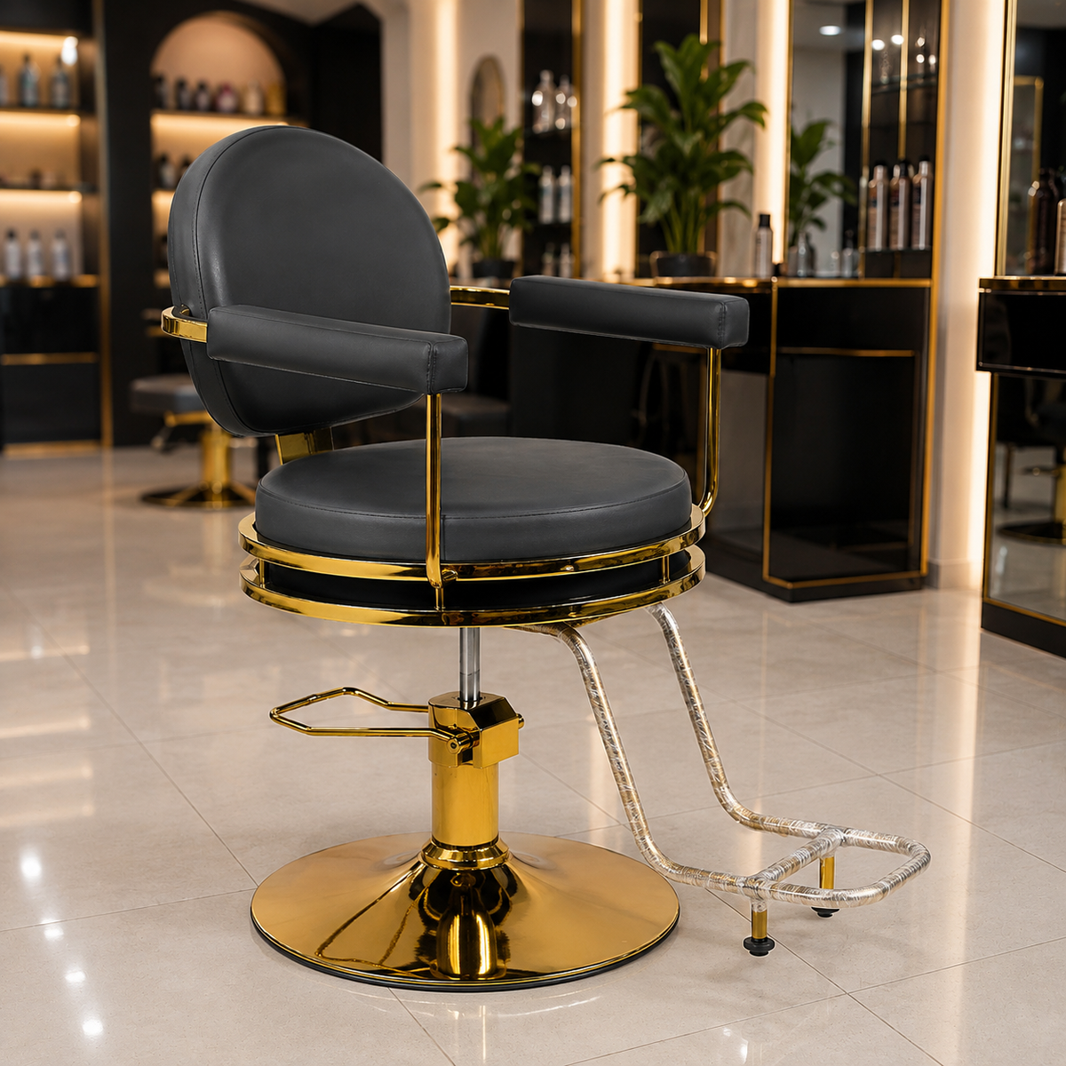 Premium Hydraulic Salon Styling Chair with Gold Frame & Footrest for Beauty Salon | VYBEÂ®