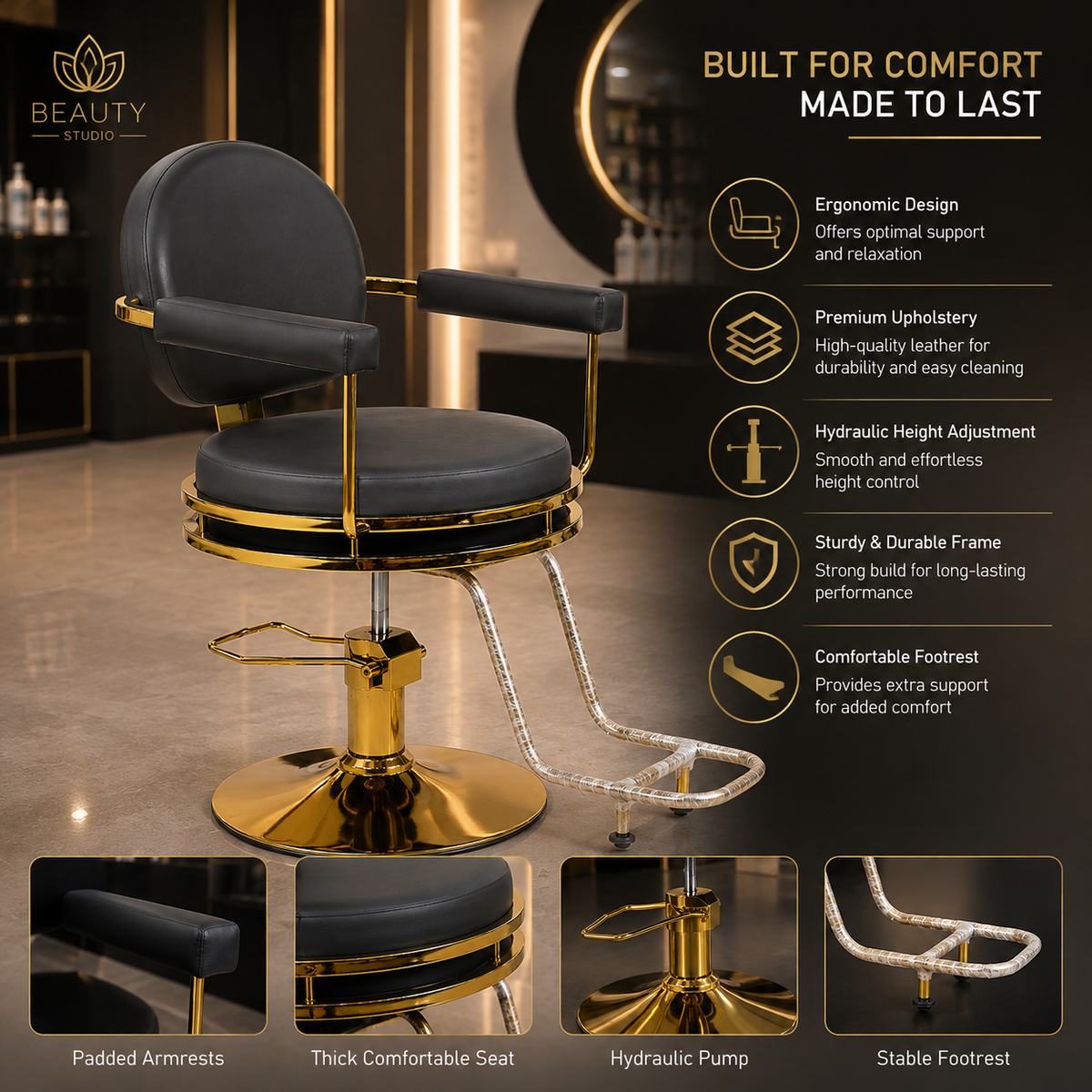 Premium Hydraulic Salon Styling Chair with Gold Frame & Footrest for Beauty Salon | VYBEÂ®