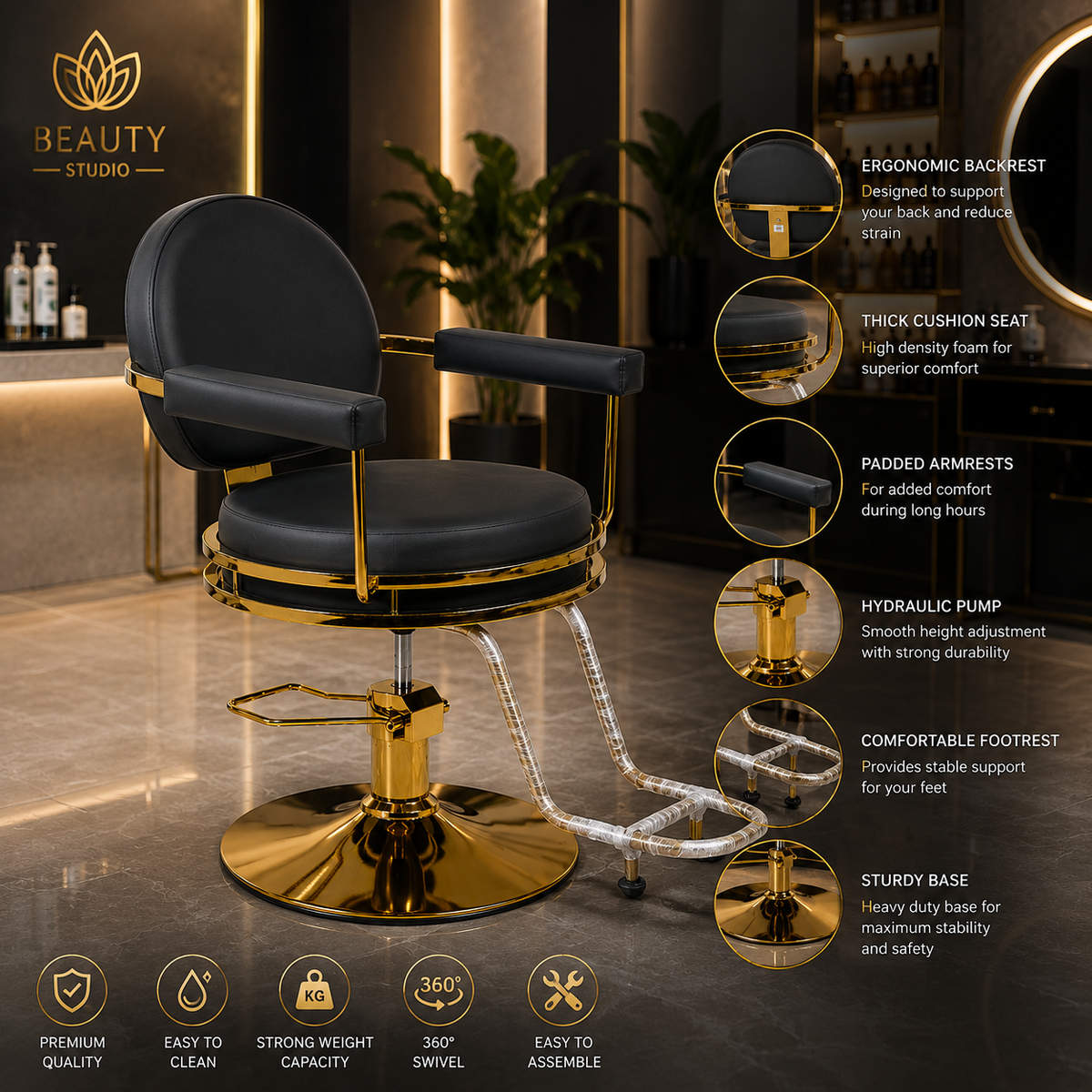 Premium Hydraulic Salon Styling Chair with Gold Frame & Footrest for Beauty Salon | VYBEÂ®