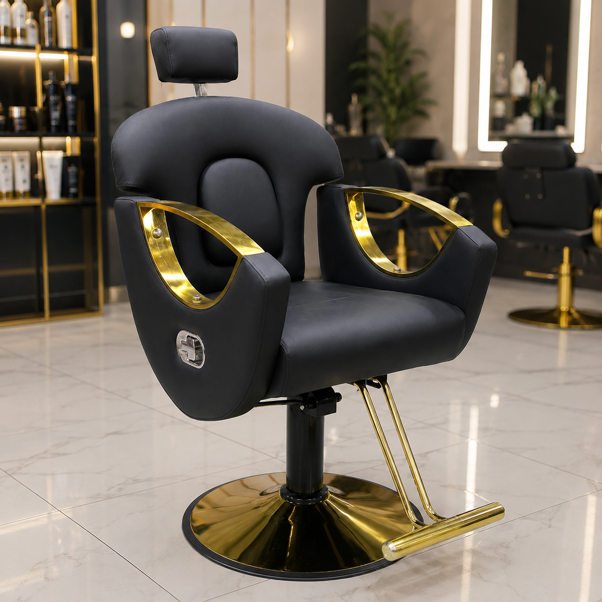 Luxury Black & Gold Hydraulic Reclining Barber Chair with Adjustable Headrest & Heavy-Duty Base | VYBEÂ®