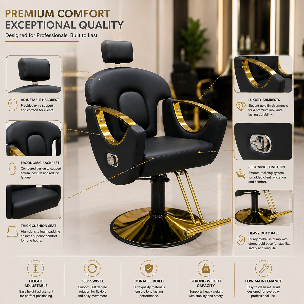 Luxury Black & Gold Hydraulic Reclining Barber Chair with Adjustable Headrest & Heavy-Duty Base | VYBEÂ®