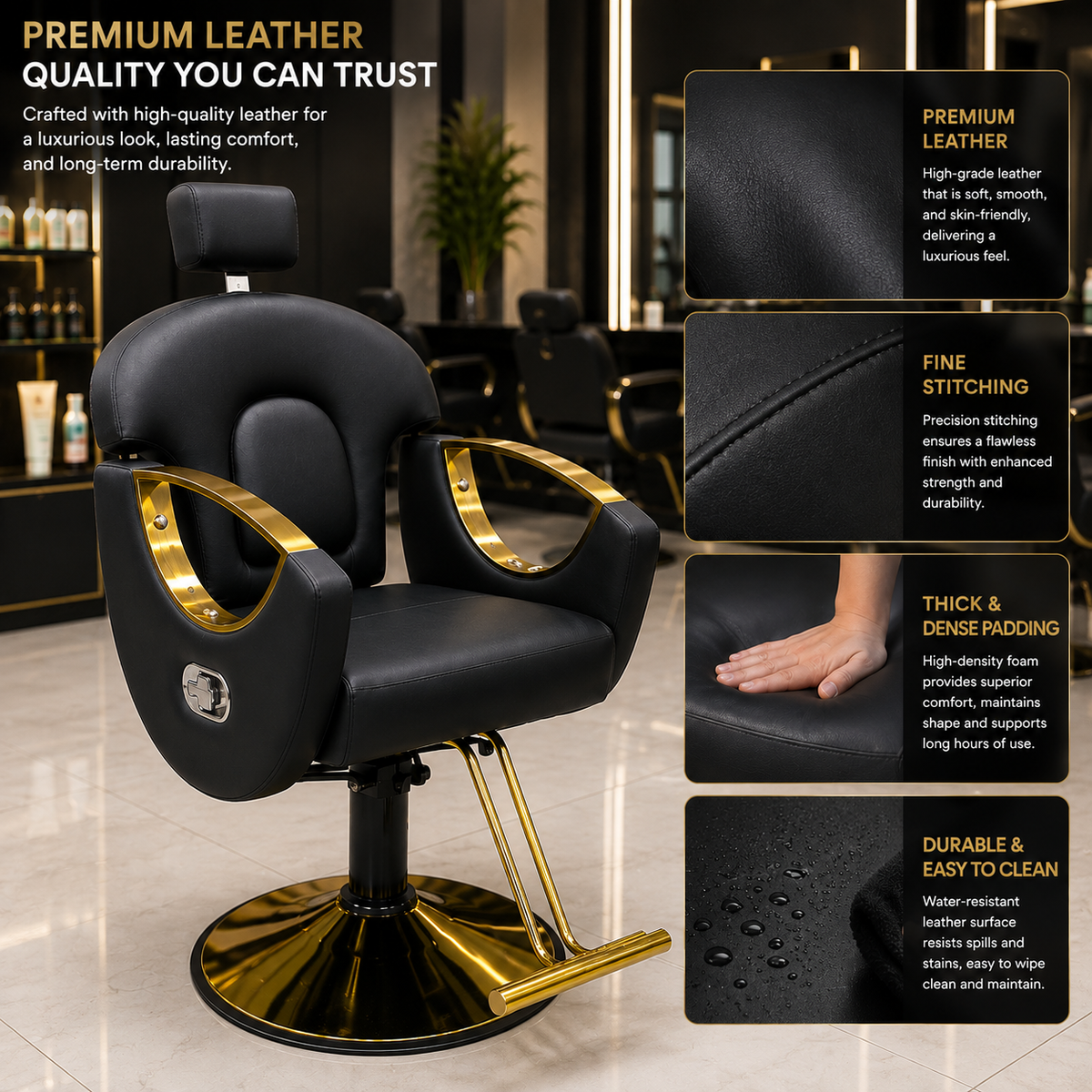Luxury Black & Gold Hydraulic Reclining Barber Chair with Adjustable Headrest & Heavy-Duty Base | VYBEÂ®
