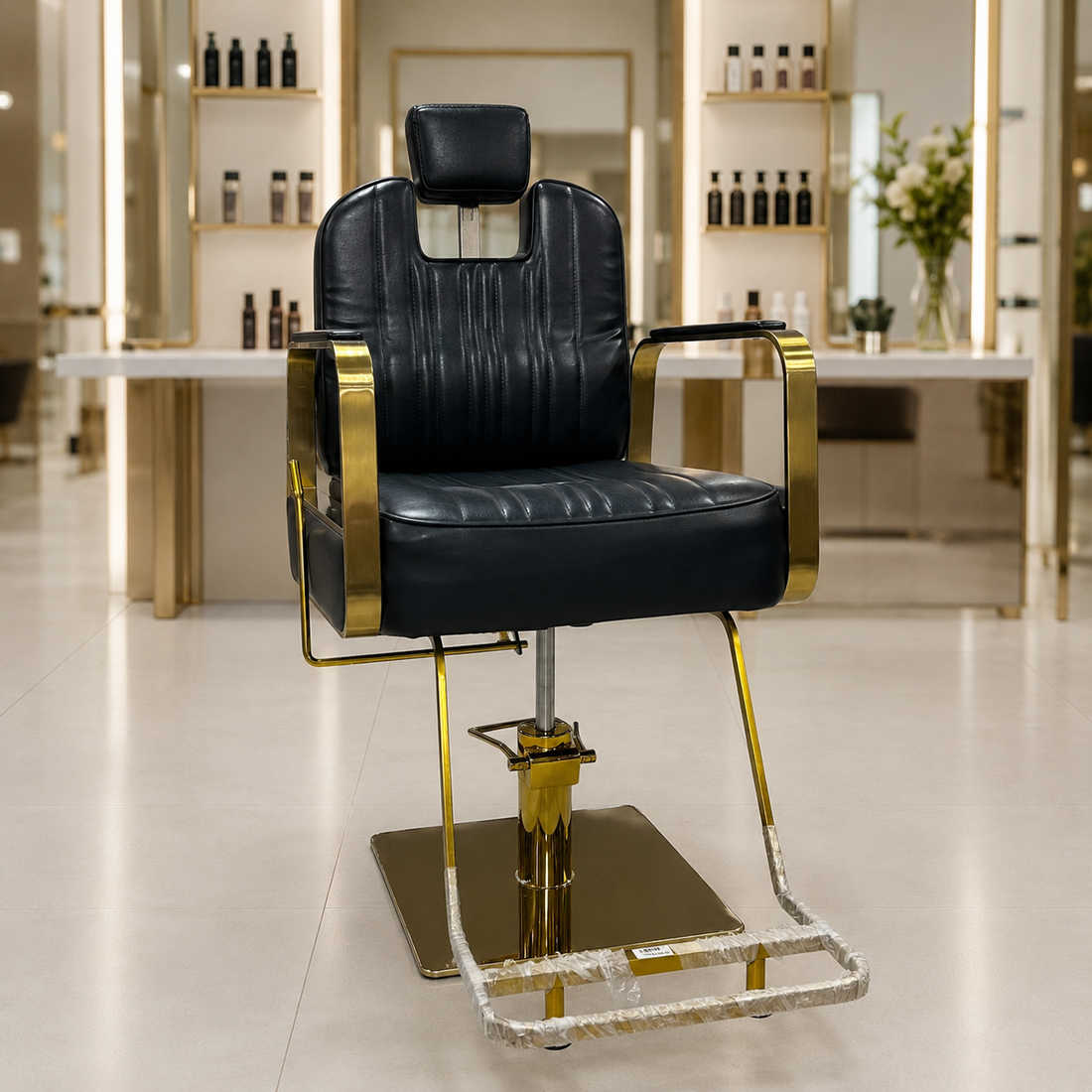 Luxury Hydraulic Salon Styling Chair with Gold Metal Armrests & Square Base | VYBEÂ®