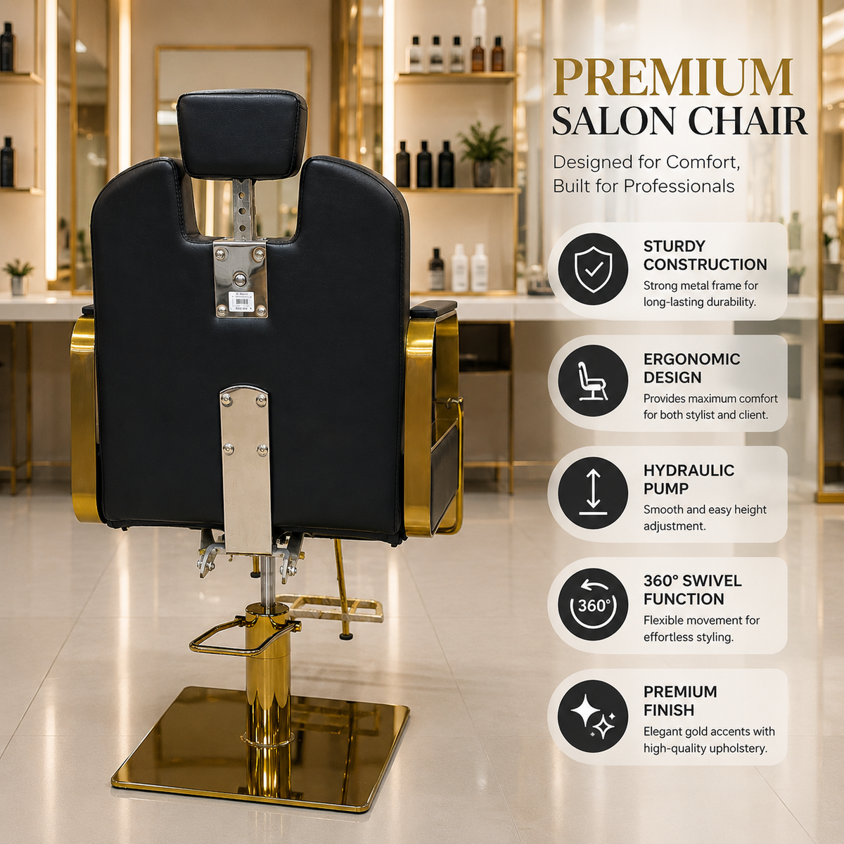 Luxury Hydraulic Salon Styling Chair with Gold Metal Armrests & Square Base | VYBEÂ®