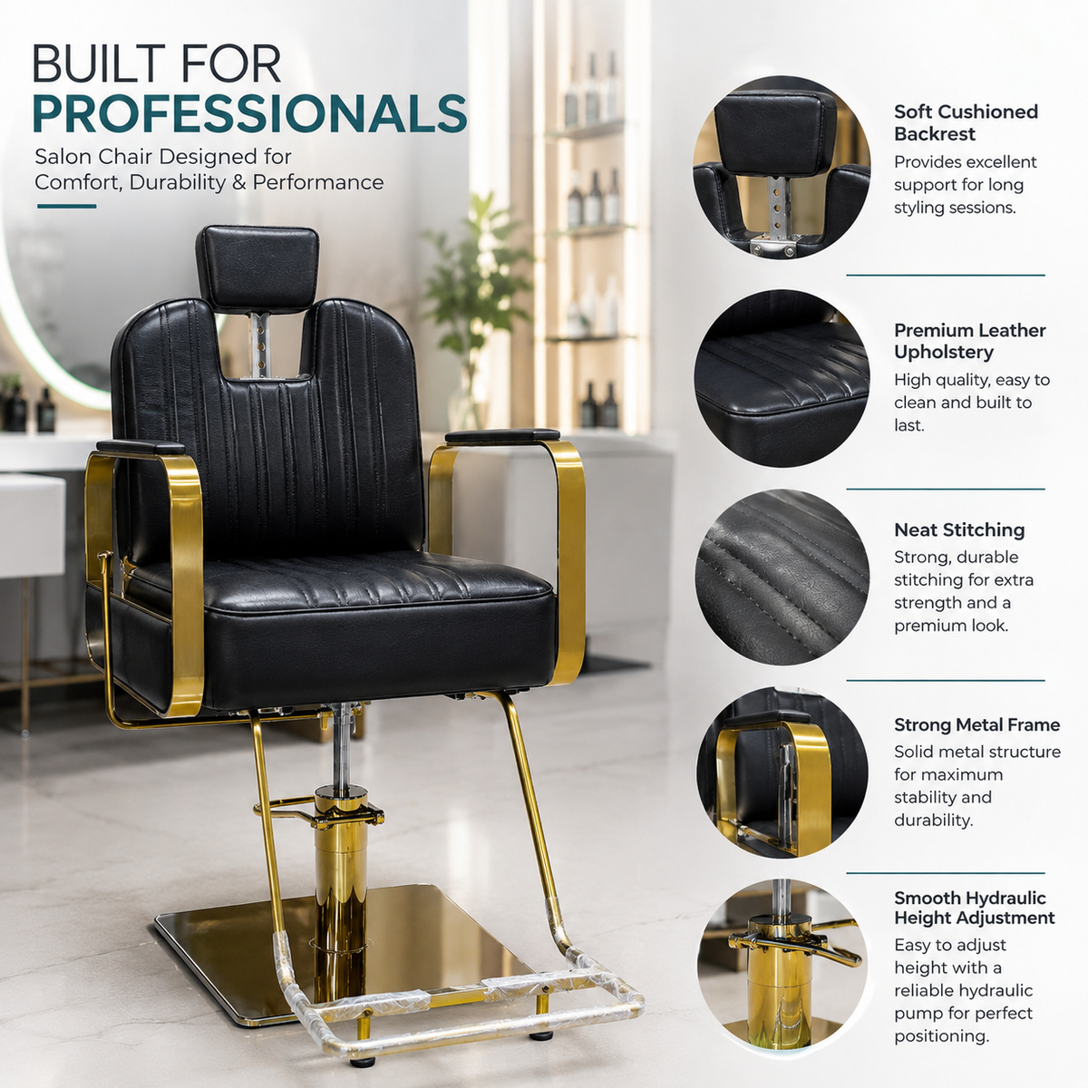 Luxury Hydraulic Salon Styling Chair with Gold Metal Armrests & Square Base | VYBEÂ®