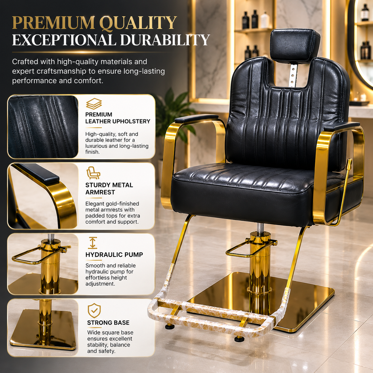 Luxury Hydraulic Salon Styling Chair with Gold Metal Armrests & Square Base | VYBEÂ®
