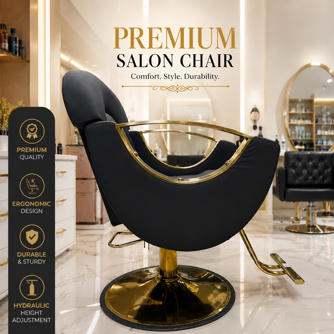 Premium Hydraulic Salon Styling Chair with Gold Armrests, Heavy Duty Base & Ergonomic PU Leather Hairdresser Chair | VYBEÂ®