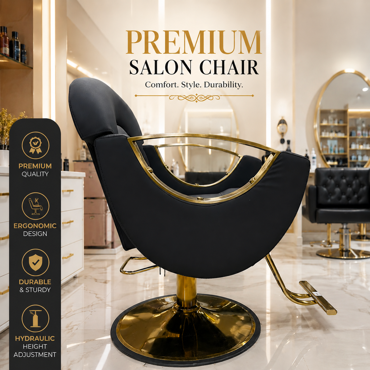 Premium Hydraulic Salon Styling Chair with Gold Armrests, Heavy Duty Base & Ergonomic PU Leather Hairdresser Chair | VYBEÂ®