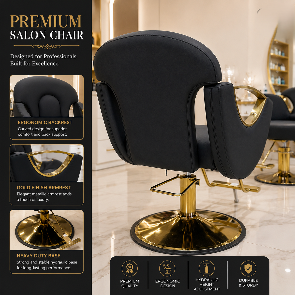 Premium Hydraulic Salon Styling Chair with Gold Armrests, Heavy Duty Base & Ergonomic PU Leather Hairdresser Chair | VYBEÂ®