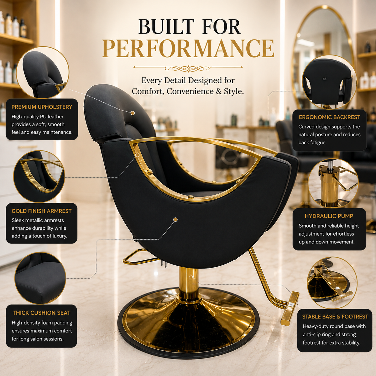 Premium Hydraulic Salon Styling Chair with Gold Armrests, Heavy Duty Base & Ergonomic PU Leather Hairdresser Chair | VYBEÂ®
