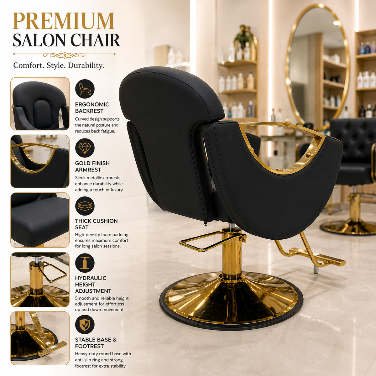 Premium Hydraulic Salon Styling Chair with Gold Armrests, Heavy Duty Base & Ergonomic PU Leather Hairdresser Chair | VYBEÂ®