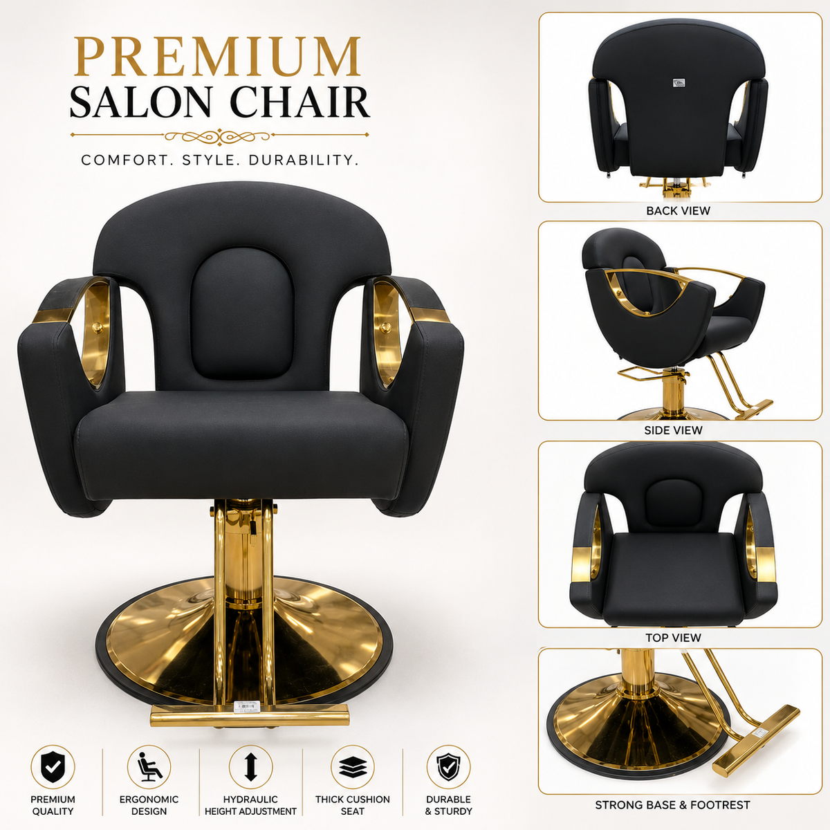 Premium Hydraulic Salon Styling Chair with Gold Armrests, Heavy Duty Base & Ergonomic PU Leather Hairdresser Chair | VYBEÂ®