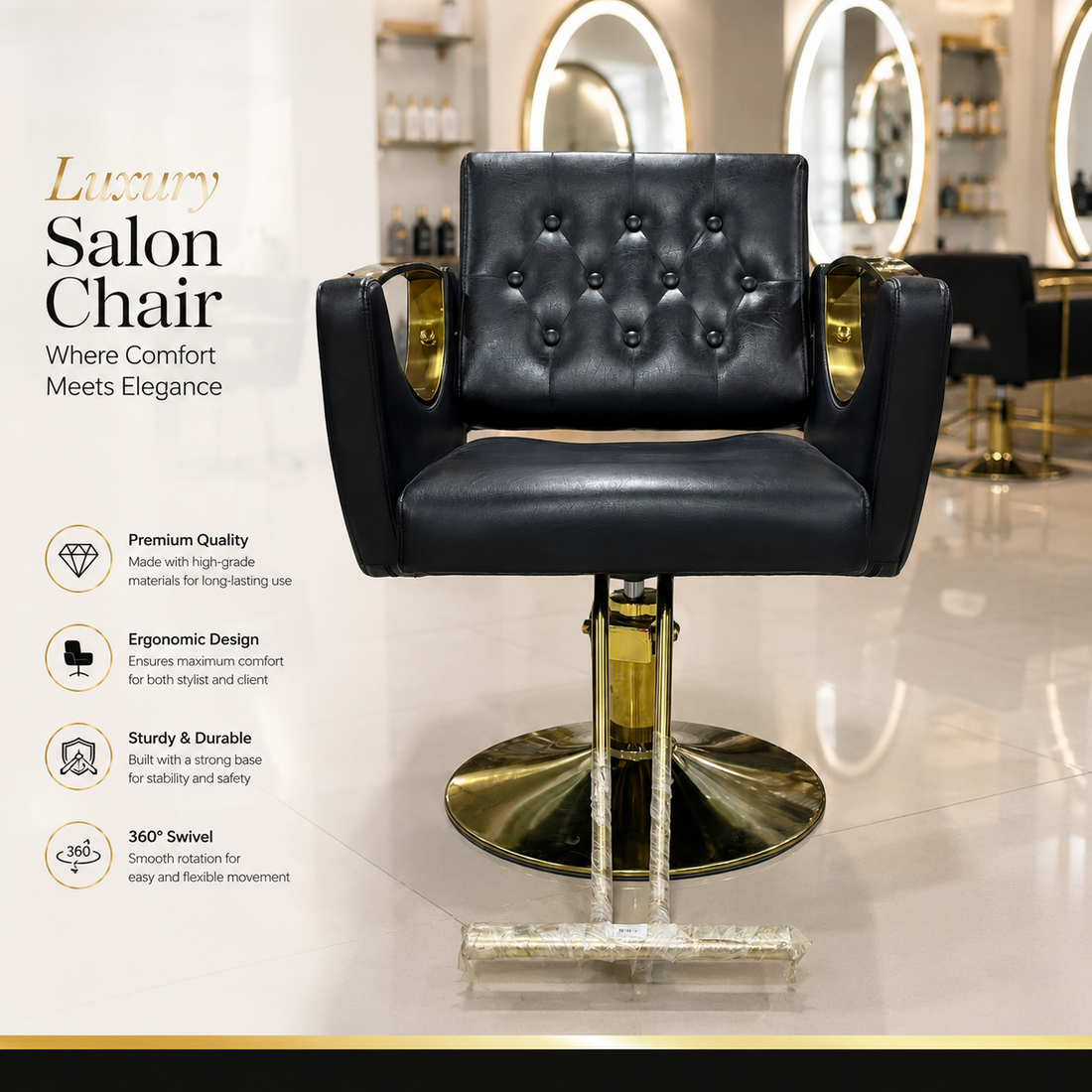 Luxury Tufted Salon Styling Chair with Gold Armrests | Hydraulic Barber & Beauty Chair | VYBEÂ®