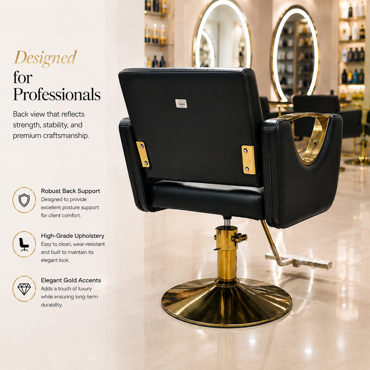 Luxury Tufted Salon Styling Chair with Gold Armrests | Hydraulic Barber & Beauty Chair | VYBEÂ®