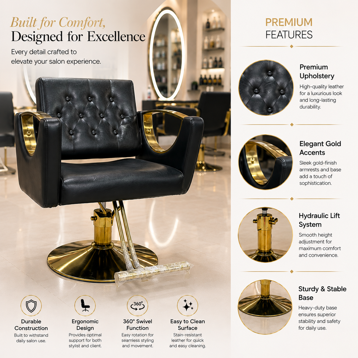Luxury Tufted Salon Styling Chair with Gold Armrests | Hydraulic Barber & Beauty Chair | VYBEÂ®