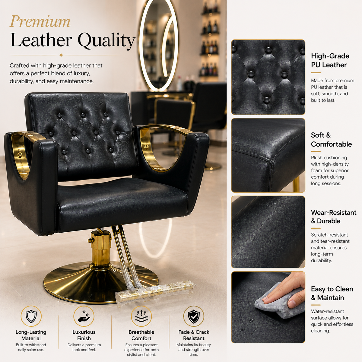 Luxury Tufted Salon Styling Chair with Gold Armrests | Hydraulic Barber & Beauty Chair | VYBEÂ®