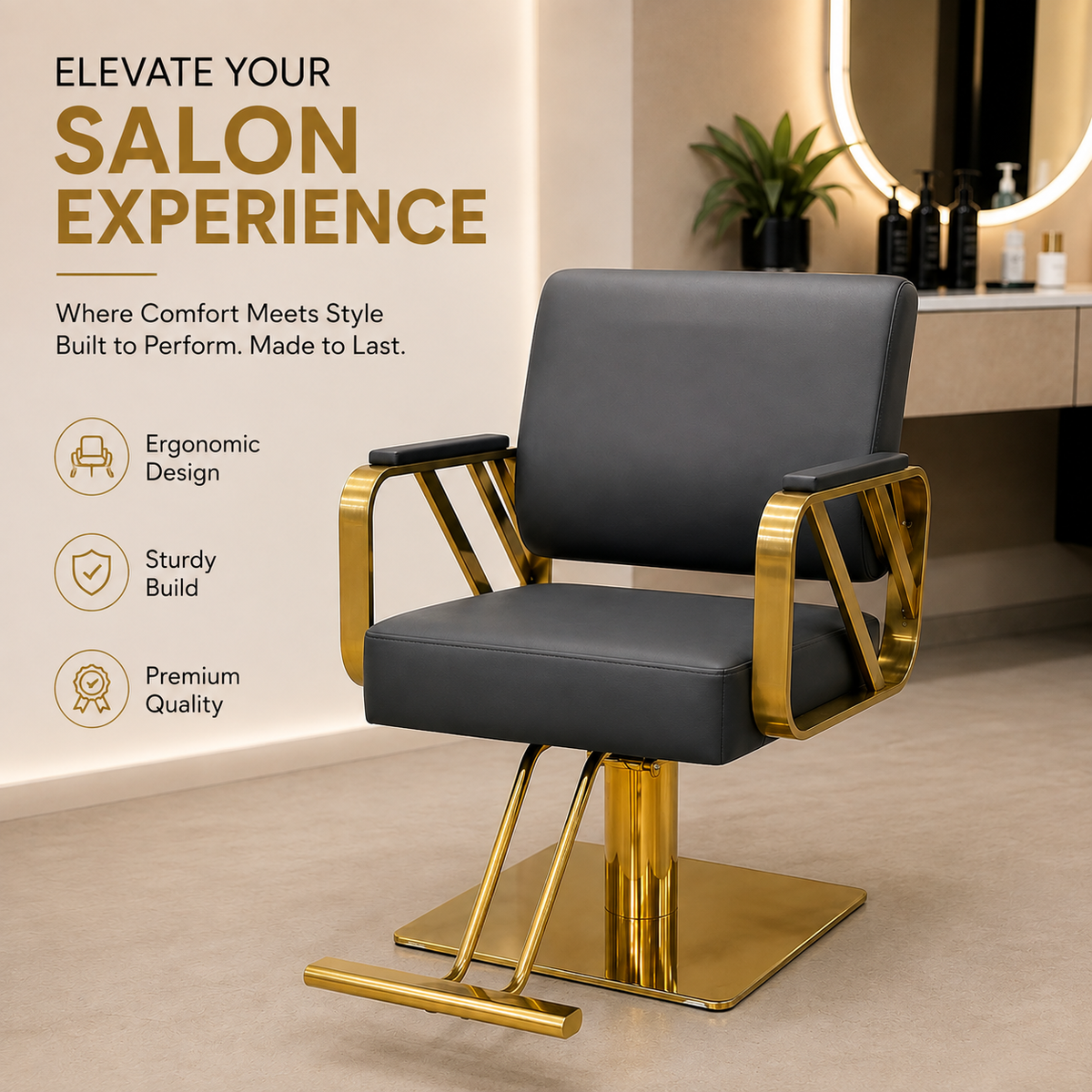 Modern Luxury Hydraulic Salon Styling Chair with Gold Stainless Steel Arms Beauty Salon Chair | VYBEÂ®