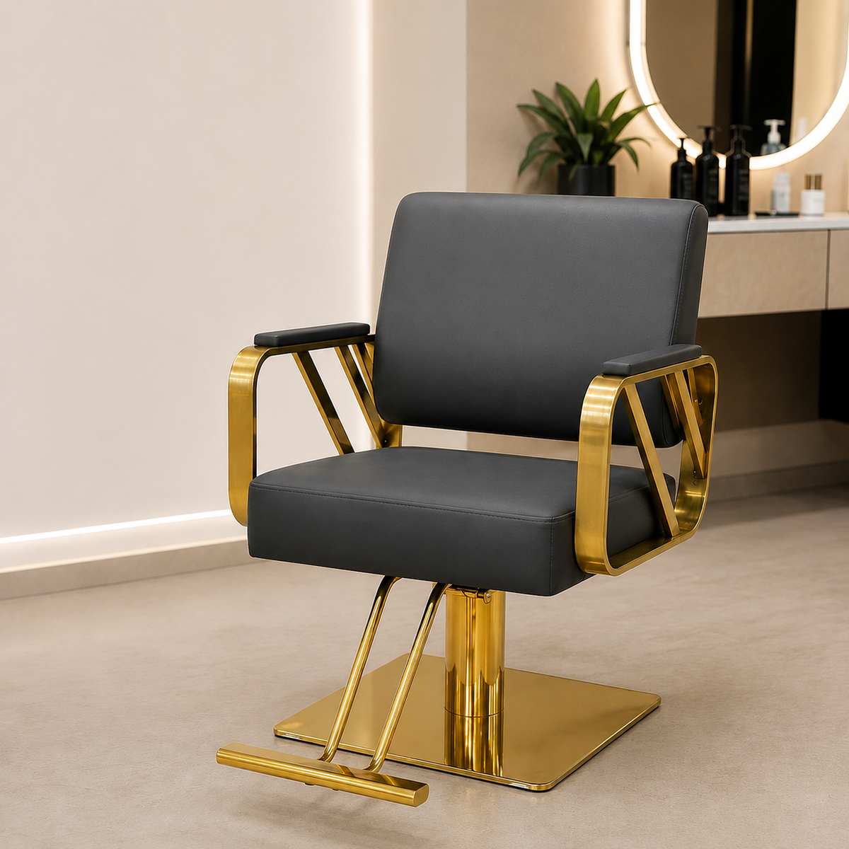 Modern Luxury Hydraulic Salon Styling Chair with Gold Stainless Steel Arms Beauty Salon Chair | VYBEÂ®