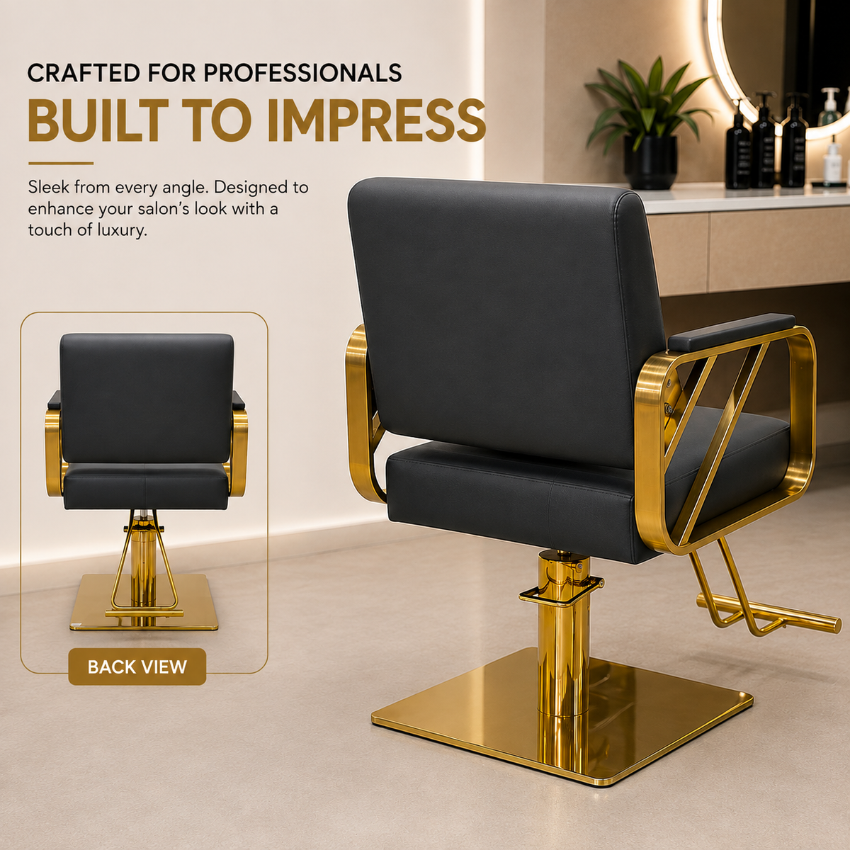 Modern Luxury Hydraulic Salon Styling Chair with Gold Stainless Steel Arms Beauty Salon Chair | VYBEÂ®