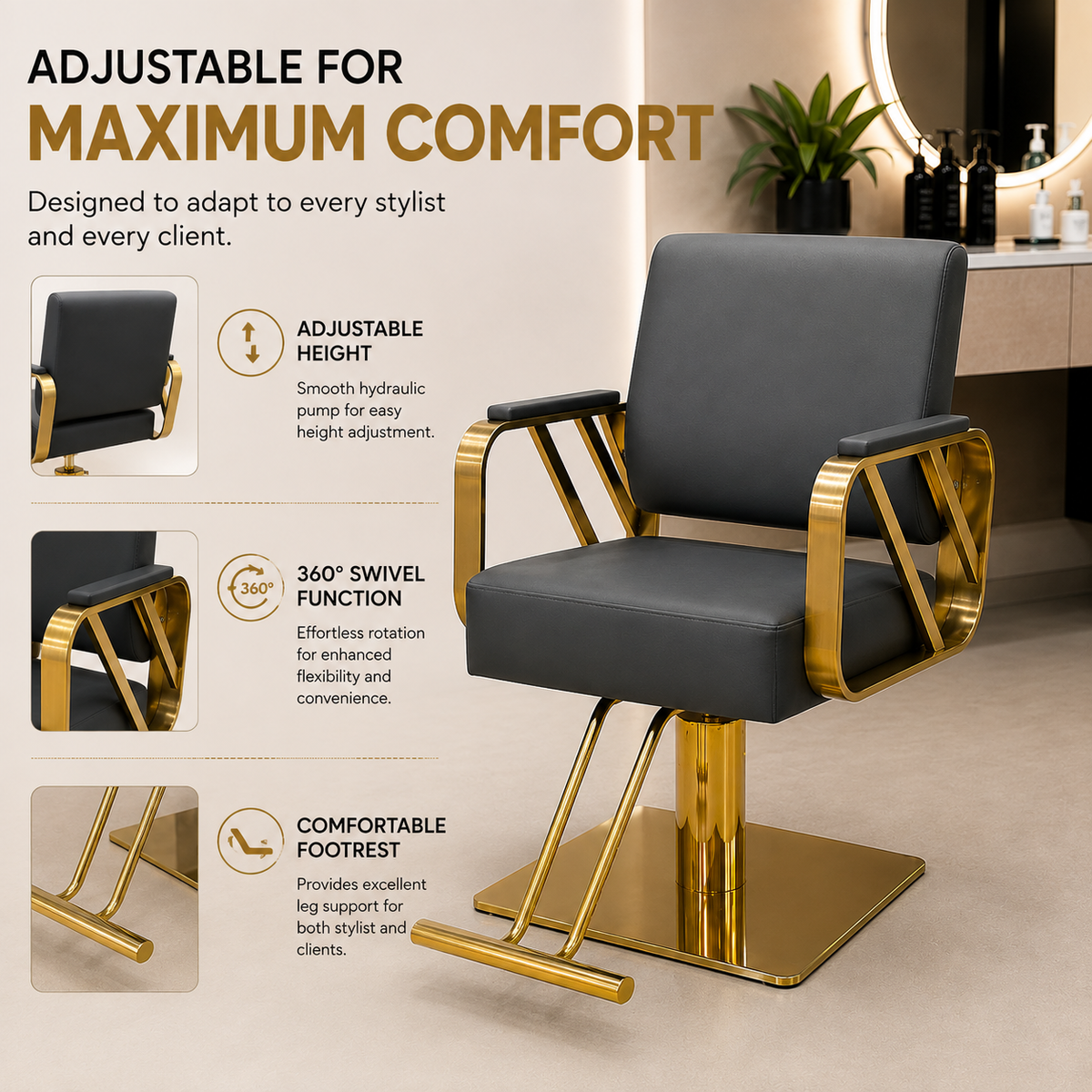 Modern Luxury Hydraulic Salon Styling Chair with Gold Stainless Steel Arms Beauty Salon Chair | VYBEÂ®