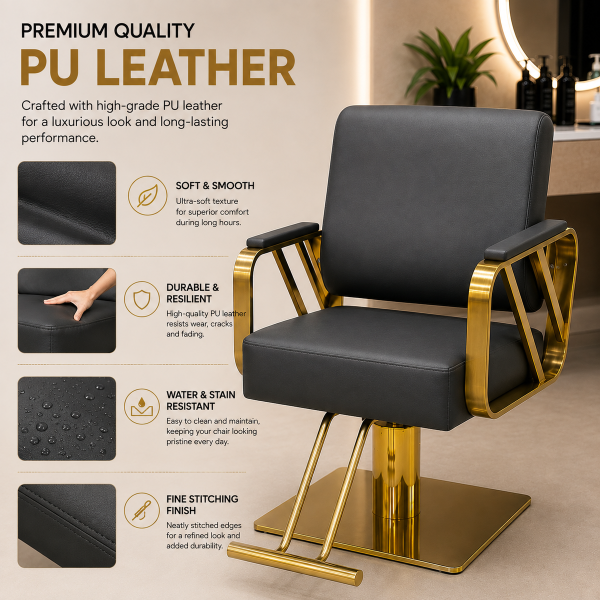 Modern Luxury Hydraulic Salon Styling Chair with Gold Stainless Steel Arms Beauty Salon Chair | VYBEÂ®