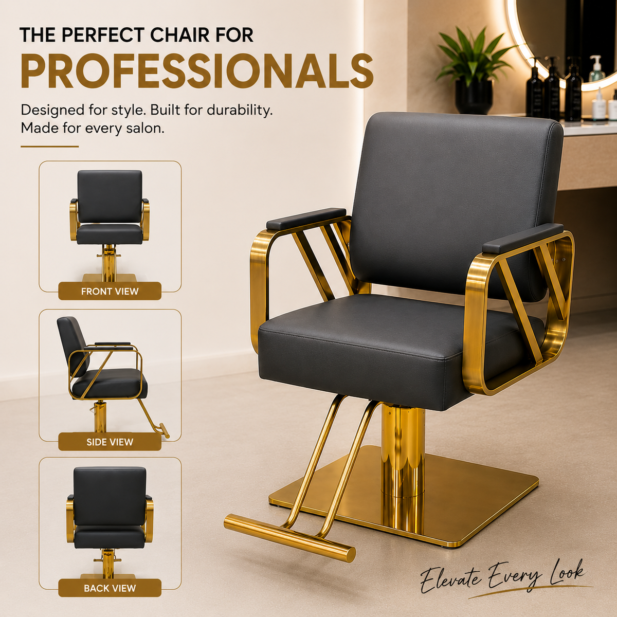 Modern Luxury Hydraulic Salon Styling Chair with Gold Stainless Steel Arms Beauty Salon Chair | VYBEÂ®