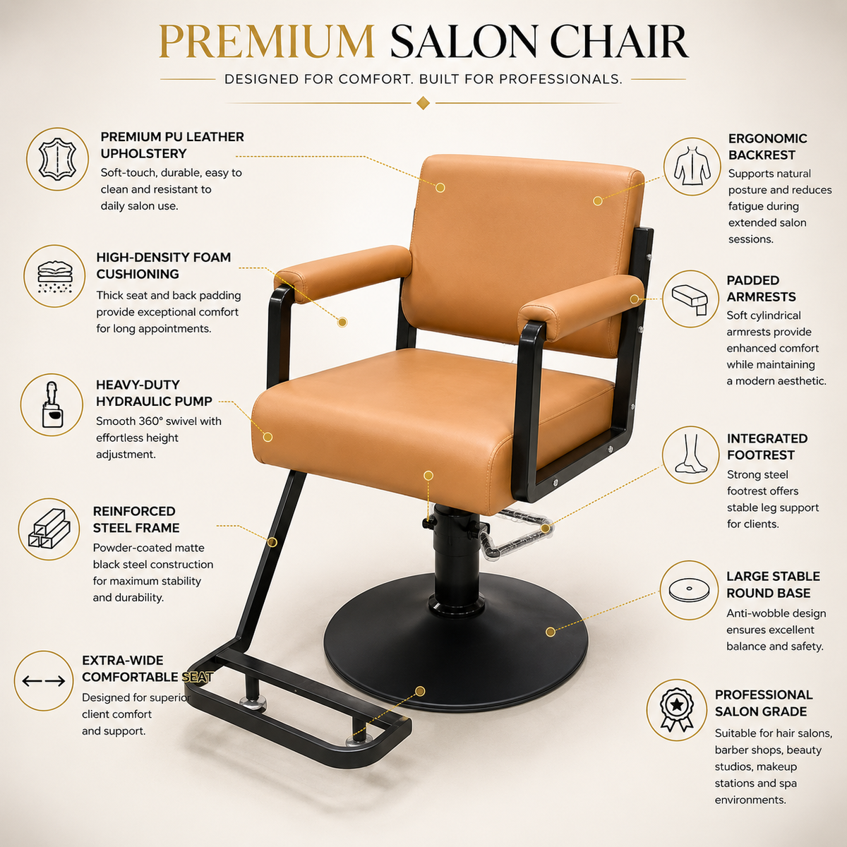 Premium Hydraulic Salon Styling Chair with Footrest, PU Leather Barber & Beauty Chair for Hair Salon Spa | VYBEÂ®