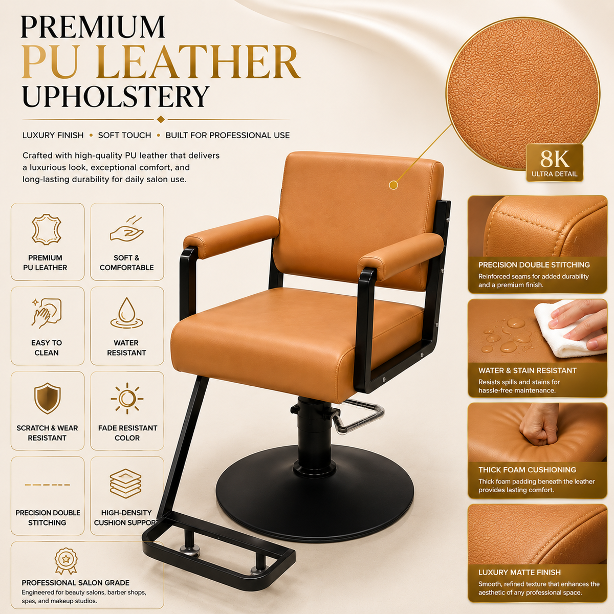 Premium Hydraulic Salon Styling Chair with Footrest, PU Leather Barber & Beauty Chair for Hair Salon Spa | VYBEÂ®