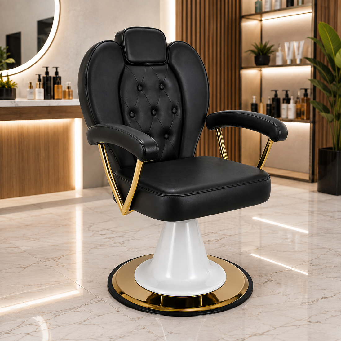Luxury Hydraulic Barber Salon Chair with Gold Frame & Footrest â€“ Professional Styling Chair â€“ VYBEÂ®