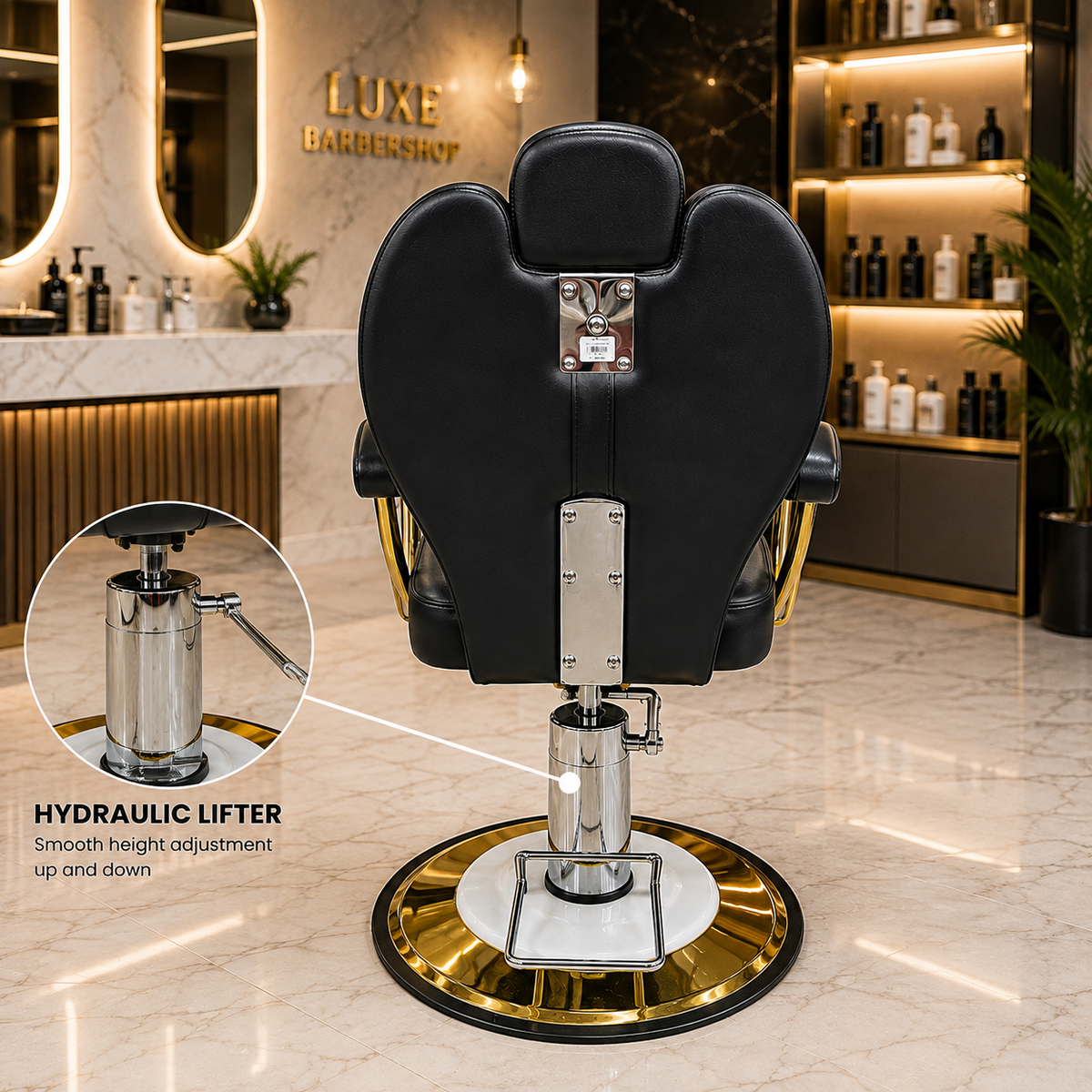 Luxury Hydraulic Barber Salon Chair with Gold Frame & Footrest â€“ Professional Styling Chair â€“ VYBEÂ®
