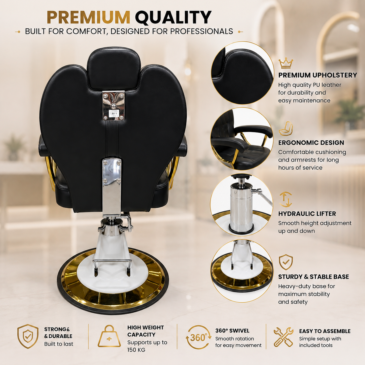 Luxury Hydraulic Barber Salon Chair with Gold Frame & Footrest â€“ Professional Styling Chair â€“ VYBEÂ®