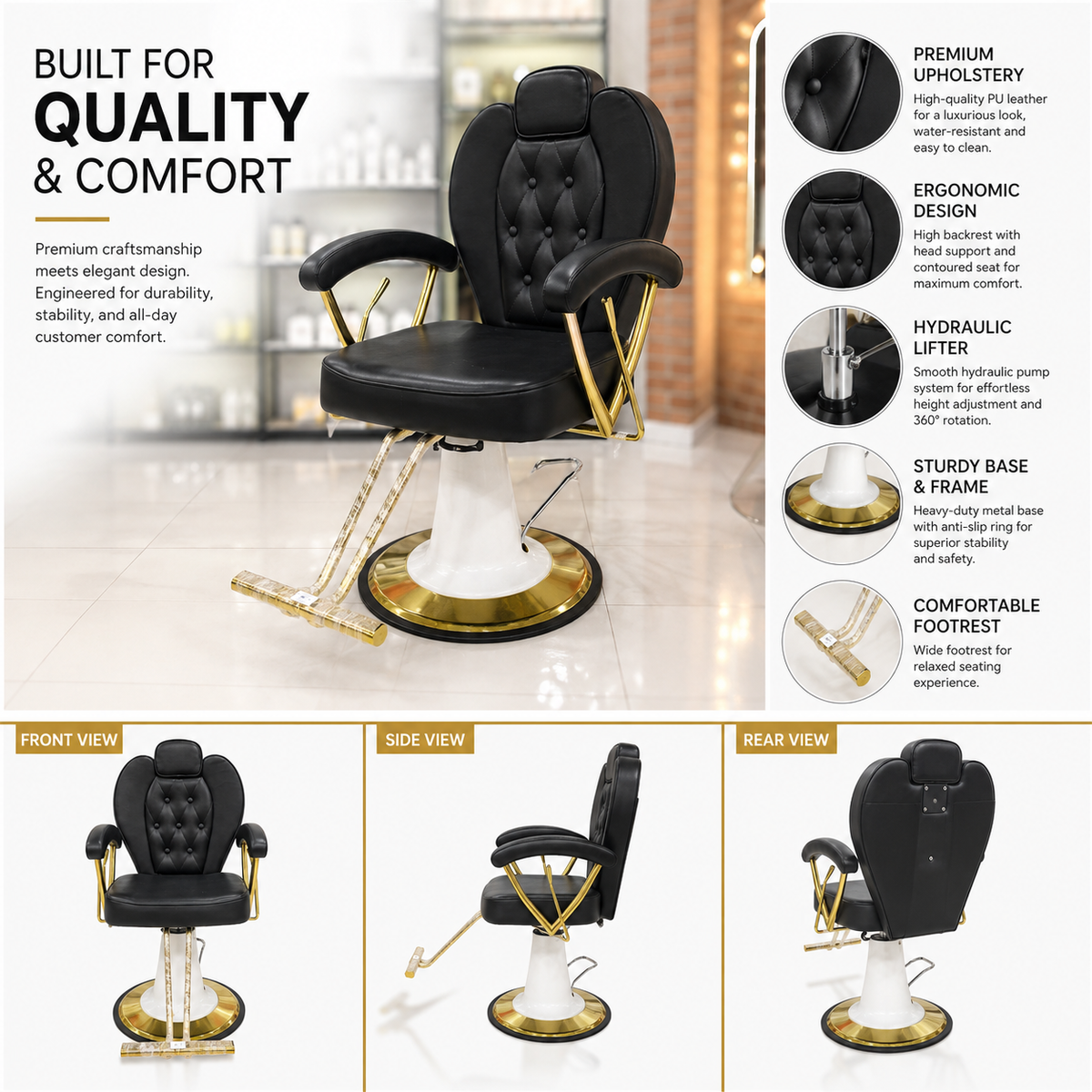 Luxury Hydraulic Barber Salon Chair with Gold Frame & Footrest â€“ Professional Styling Chair â€“ VYBEÂ®