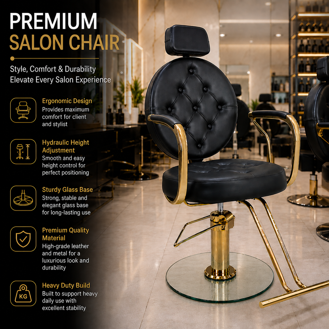 Luxury Professional Hydraulic Salon Styling Chair with Gold Frame & Glass Base for Hair Salon | VYBEÂ®