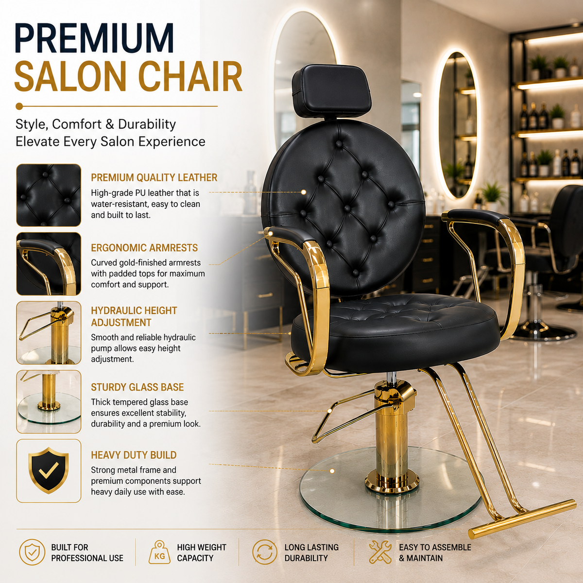Luxury Professional Hydraulic Salon Styling Chair with Gold Frame & Glass Base for Hair Salon | VYBEÂ®