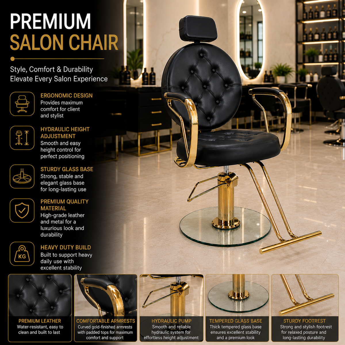 Luxury Professional Hydraulic Salon Styling Chair with Gold Frame & Glass Base for Hair Salon | VYBEÂ®