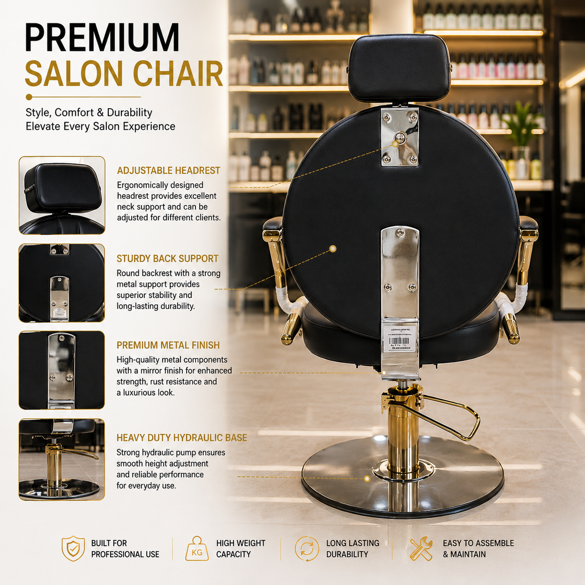 Luxury Professional Hydraulic Salon Styling Chair with Gold Frame & Glass Base for Hair Salon | VYBEÂ®