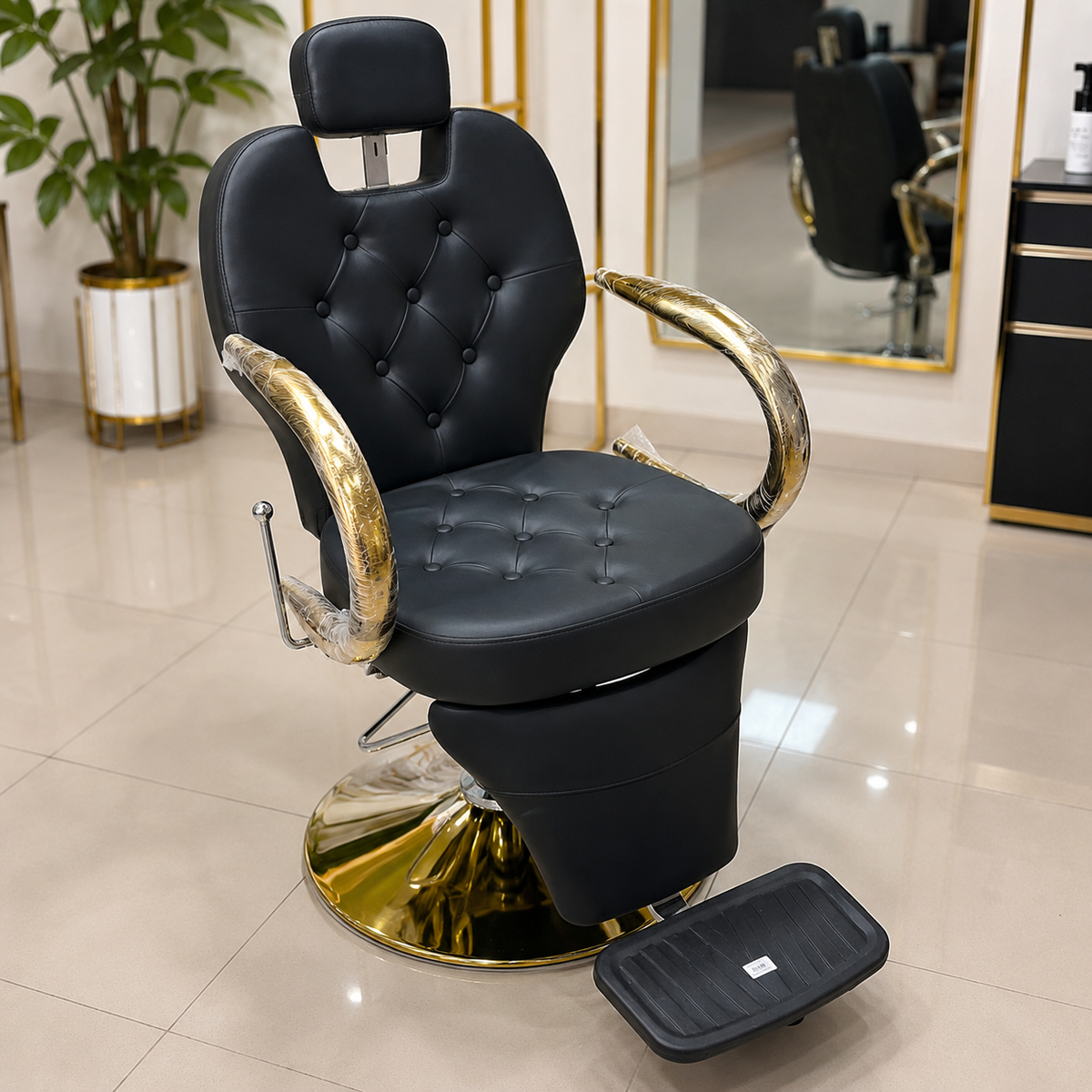 Professional Reclining Hydraulic Barber Salon Chair with Adjustable Headrest & Gold Armrests | VYBEÂ®