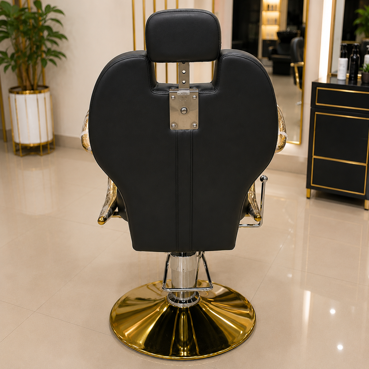 Professional Reclining Hydraulic Barber Salon Chair with Adjustable Headrest & Gold Armrests | VYBEÂ®