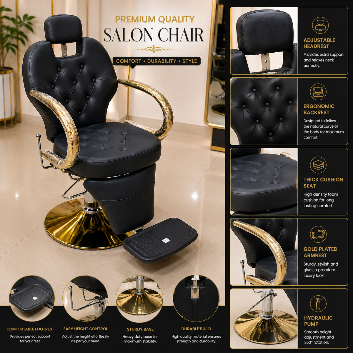 Professional Reclining Hydraulic Barber Salon Chair with Adjustable Headrest & Gold Armrests | VYBEÂ®