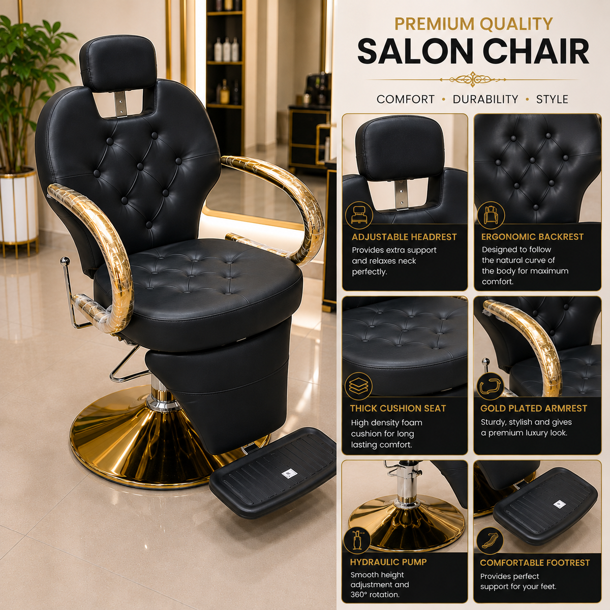 Professional Reclining Hydraulic Barber Salon Chair with Adjustable Headrest & Gold Armrests | VYBEÂ®