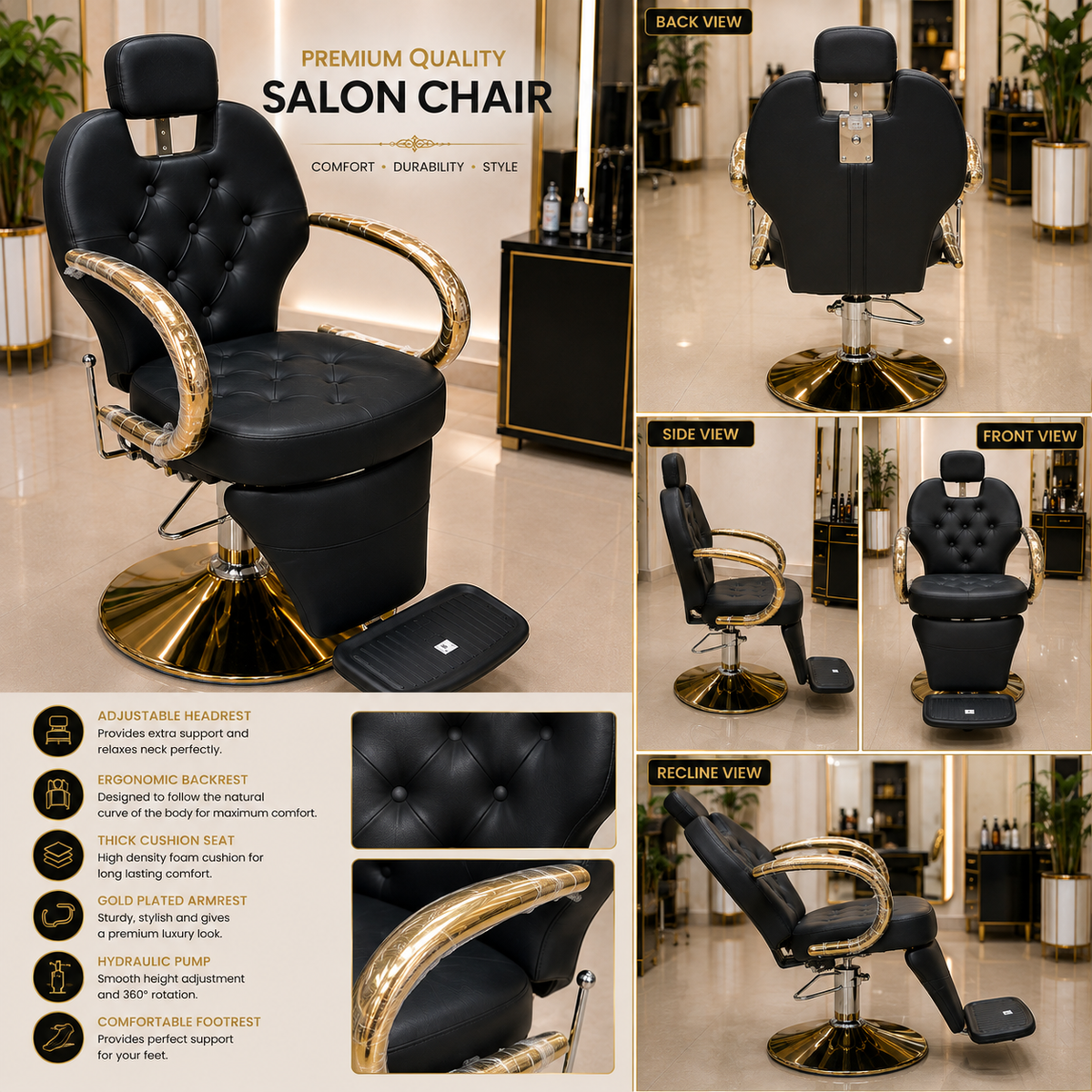 Professional Reclining Hydraulic Barber Salon Chair with Adjustable Headrest & Gold Armrests | VYBEÂ®